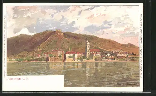 Künstler-AK Dürnstein a.d. Donau, Blick zum Ort vom Ufer aus