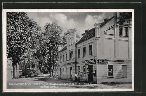 AK Gross-Giessmannsdorf, Lebensmittelhaus Carl Langer in der Bahnhofstrasse
