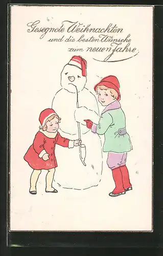 AK Kinder bauen einen Schneemann mit Pfeife, Weihnachten