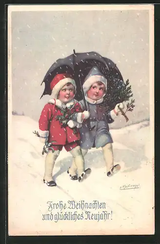 Künstler-AK E. Reckziegel: "Frohe Weihnachten und glückliches Neujahr", Kinder mit Schirm im Schnee