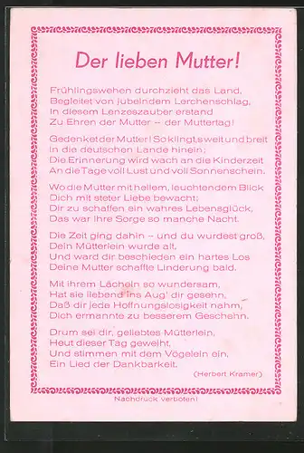 AK Gedicht: Der lieben Mutter!, Muttertag