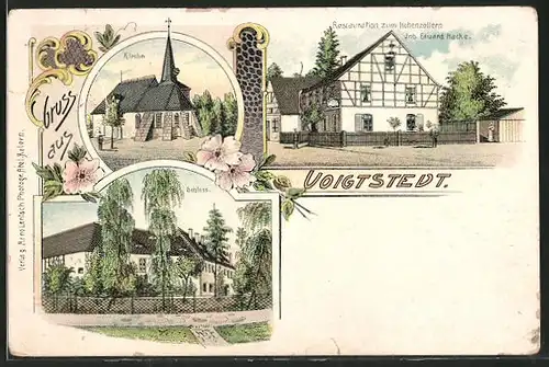 Lithographie Voigtstedt, Gasthaus zum Hohenzollern v. E. Hacke, Schloss, Kirche