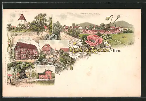 Lithographie Bornum, W. Philipp's Gasthaus, Bahnhof, Kirche und alte Linde, Eisenwerk Wilhelmshütte