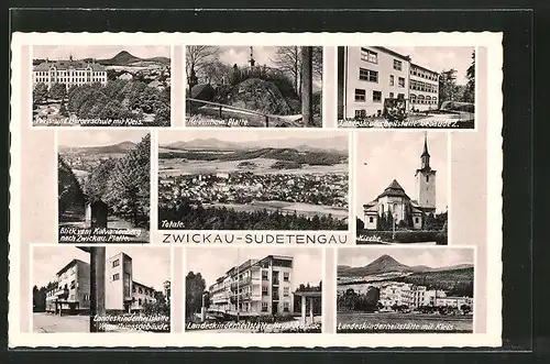 AK Zwickau i.B. / Cvikov, Landeskinderheilanstalt, Volks- und Bürgerschule mit Kleis, Kirche
