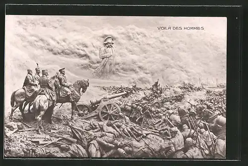 Künstler-AK Domenico Mastroianni: Voilà des Hommes, Geist von Napoleon über Schlachtfeld des 1. Weltkriegs