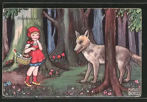 Künstler-AK Margret Boriss: Roodkapje, Rotkäppchen und der böse Wolf