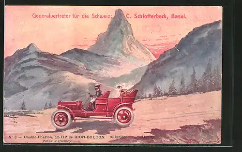 Künstler-AK Reklame für Auto Double-Phaeton 15 HP Dion Bouton, Auto fährt durchs Gebirge