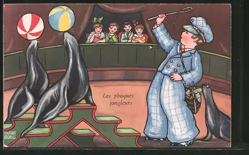 Künstler-AK Margret Boriss: Les phoques jongleurs, dressierte Seelöwen im Zirkus
