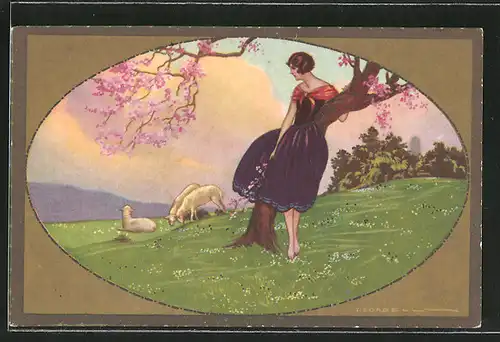 Künstler-AK Tito Corbella: Frau im blauen Kleid steht unter einem Baum, Schafe