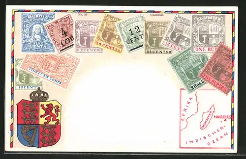 AK Mauritius, versch. Briefmarken, Wappen, Landkarte