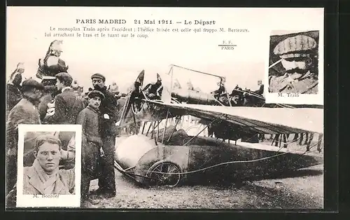 AK Piloten M. Train und M. Bonnier mit ihrem Flugzeug vor dem Start zum Flug Paris-Madrid 1911