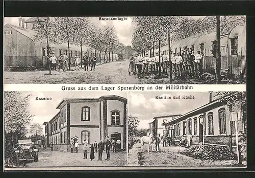 AK Sperenberg, Kaserne an der Militärbahn, Barackenlager mit Soldaten, Kantine und Küche