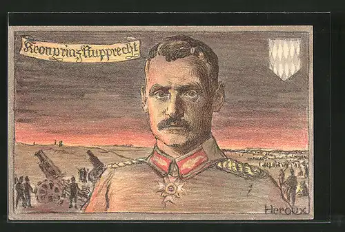 Künstler-AK Bruno Heroux: Porträt Kronprinz Rupprecht von Bayern in Uniform, Artilleristen am Geschütz, Wappen