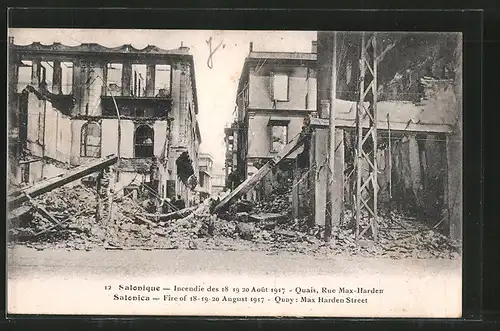 AK Salonique, Incendie des 18.-20. Aout 1917, Rue Max Harden, Brand der Stadt