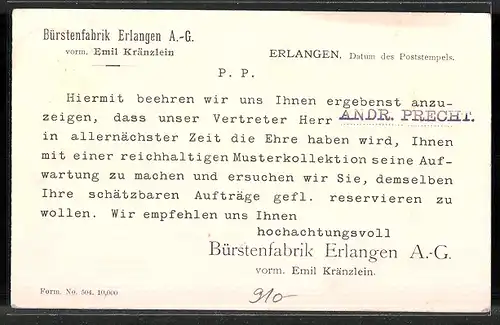 AK Erlangen, Bürstenfabrik Erlangen A.-G., Ankündigung eines Vertreters