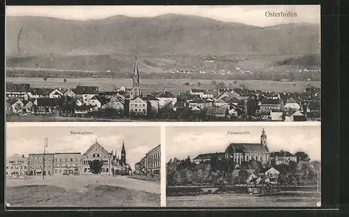 AK Osterhofen, Marktplatz, Damenstift, Ortsansicht mit Kirche
