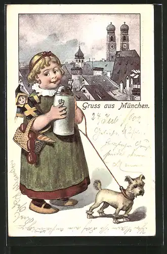 Passepartout-Lithographie München, Blick zur Frauenkirche, Mädchen mit Münchner Kindl-Puppe und Bierkrug, Hund