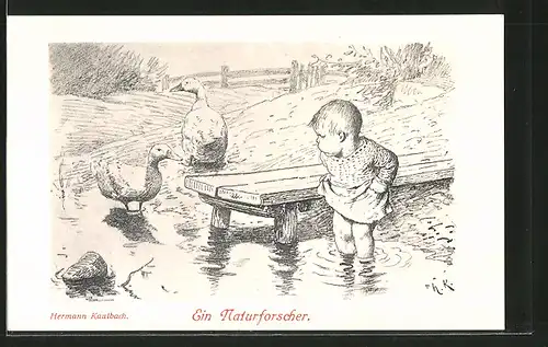 Künstler-AK Hermann Kaulbach: Ein Naturforscher, Kleinkind mit Ente und Gans am Teich
