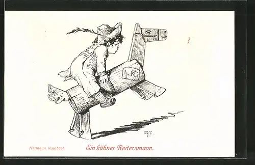 Künstler-AK Hermann Kaulbach: ein kühner Reitersmann, Junge reitet auf Holzpferd