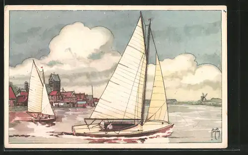 Künstler-AK Jacob Jansma: Segelboote vor der Küste mit Windmühle