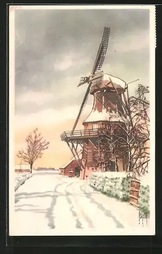 Künstler-AK Jacob Jansma: Windmühle im Winter