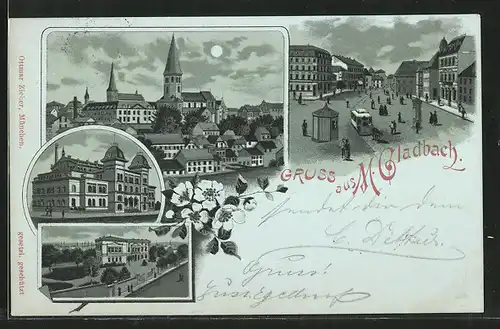 Mondschein-Lithographie M. Gladbach, Kirche St. Mariae Himmelfahrt mit Umgebung, Strassenpartie mit Pferdebahn