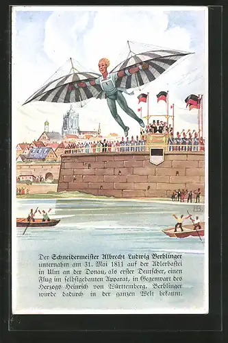 AK Ulm, Schneidermeister Albrecht Berblinger bei seinem Flugversuch 1811