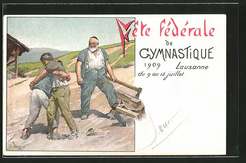 Künstler-AK Lausanne, Turnfest 1909, Fete fédérale de Gymnastique 1909, Jungen beim Ringen