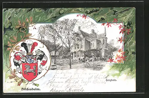 Passepartout-Lithographie Hildesheim, Gasthaus Bergholz, Wappen der Stadt