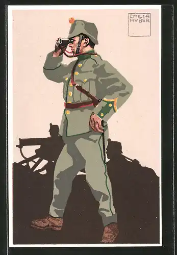 Künstler-AK sign. Emil Huber: schweizer Infanterie-Mitrailleur-Korporal in Uniform mit Fernglas, MG-Trupp