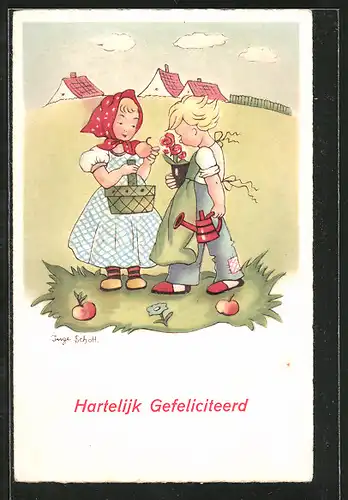 Künstler-AK Inge Schott: Hartelijk Gefeliciteerd, Niederländiche Kinder mit Äpfeln