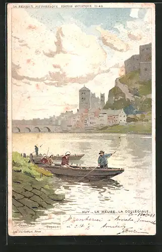 Künstler-Lithographie F. Ranot: Huy, La Meuse, la Collégiale, Partie mit Kahn