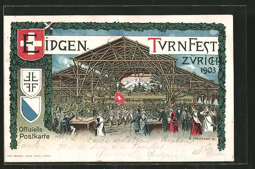 Künstler-AK Zürich, Eidgen. Turnfest 1903, auf dem Festgelände