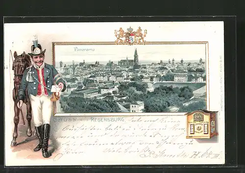 Lithographie Regensburg, Panorama der Stadt, Postbote bringt einen Brief