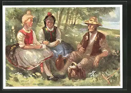 Künstler-AK Ruhepause, Bauer mit zwei Frauen in hessischer Tracht