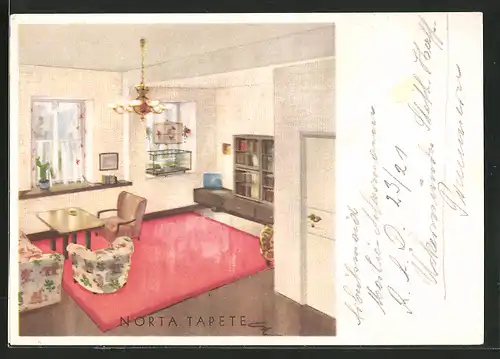 AK Reklame für Norta Tapete, Blick in ein Wohnzimmer, Art Deco