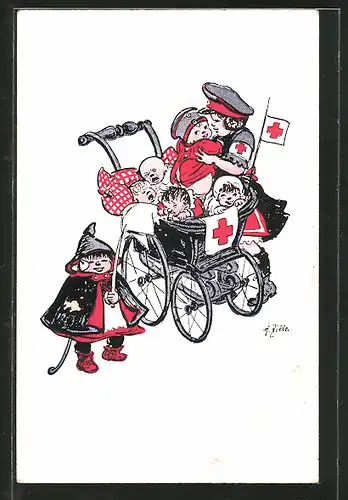 Künstler-AK Heinrich Zille: Mädchen mit Armbinde des Roten Kreuzes kümmert sich um Babys im Kinderwagen