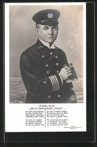 Künstler-AK Porträt Kapitän Paul König in Uniform mit Fernglas, U-Boot-Kommandant U Deutschland