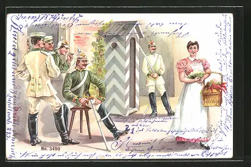 Lithographie Kavalleristen in Uniform schauen einem Dienstmädchen hinterher