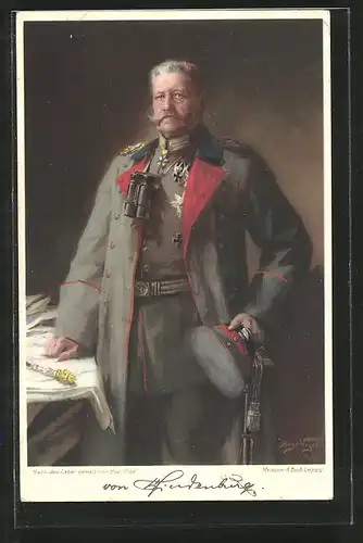 Künstler-AK Generalfeldmarschall Paul von Hindenburg in Uniform mit Fernglas