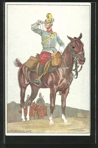 Künstler-AK Ludwig Koch: Kavallerist in Uniform zu Pferde guckt durch ein Fernglas