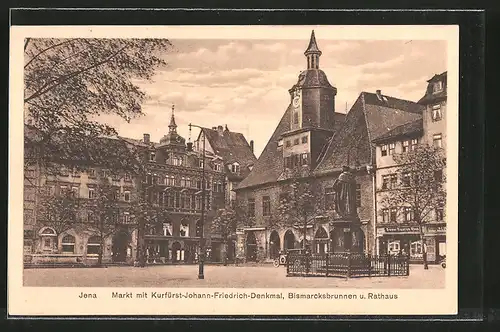 AK Jena, Markt mit Kurfürst-Johann-Friedrich-Denkmal, Bismarckbrunnen & Rathaus
