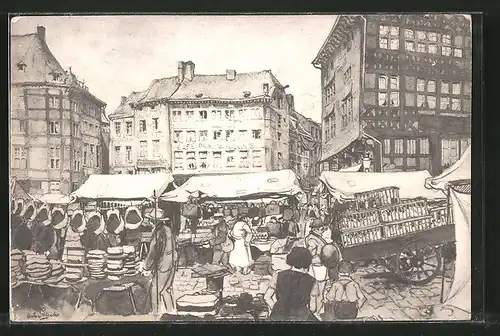 Künstler-AK Anton Pieck: Händler und ihre Stände auf einem Marktplatz