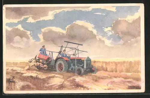 Künstler-AK Jacob Jansma: Traktor bei der Weizenernte