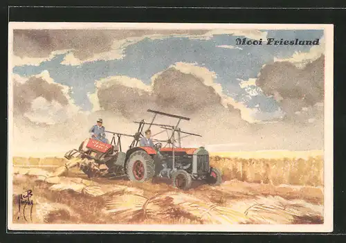Künstler-AK Jacob Jansma: Traktor bei der Weizenernte