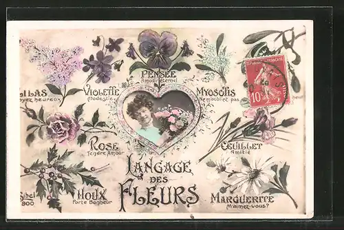 AK Langage des Fleurs, Blumensprache, Pensée, Violette, Myosotis, Rose, Qeuillet, Moux, Marguerite