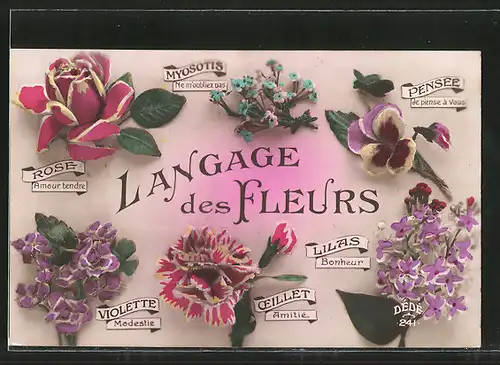 AK Langage des Fleurs, Blumensprache, Myosotis, Pensée, Rose, Lilas, Oeillet, Violette