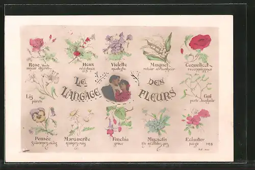 AK Le Langage des fleurs, Blumensprache, Liebespaar und verschiedene Blüten
