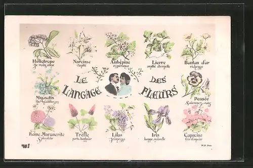 AK Le Langage des fleurs, Blumensprache, verschiedene Blüten und Liebespaar