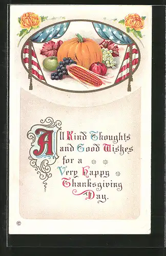 AK All kind Thoughts and Good Wishes for a Very Happy Thanksgiving Day, Kürbis und Stars & Stripes